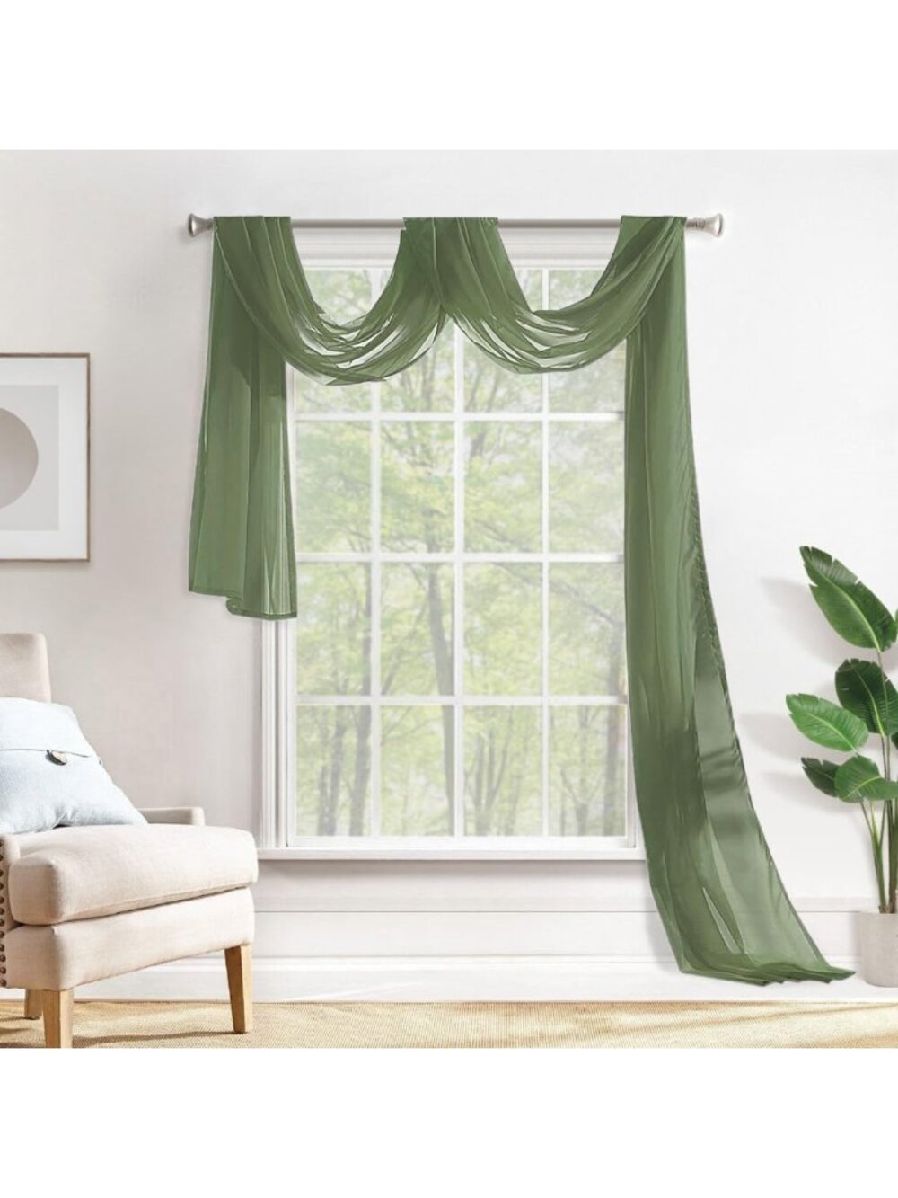 Extra Long Sheer Scarf Valance 37"x216" Sage Green, Elegant Window Treatment